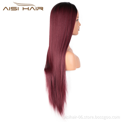 Aisi Hair Long Ombre Red Dark Root Wig Silky Straight Lace Frontal Wig Middle Part Synthetic Front Lace Hair Wigs For Women